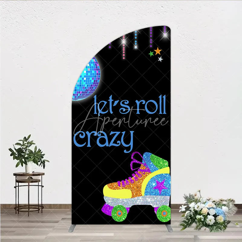 Aperturee - Aperturee Vibrant Disco Ball and Glitter Roller Skate Half Moon Arch Backdrop Let’s Roll Crazy Party Celebration Decor