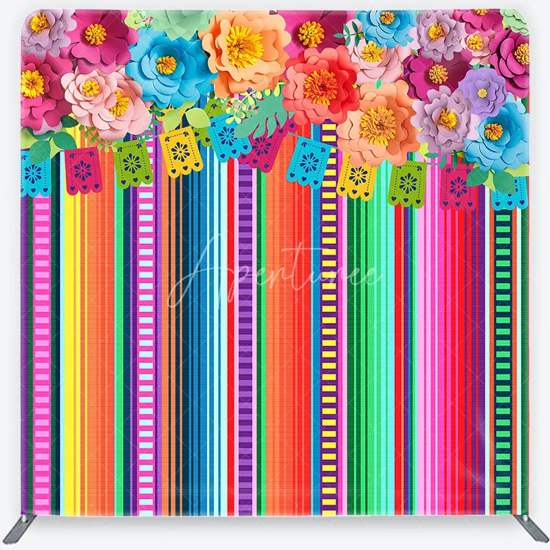 Aperturee - Aperturee Vibrant Fiesta Paper Flower and Banner Square Double-Sided Backdrop Mexican Party Decor
