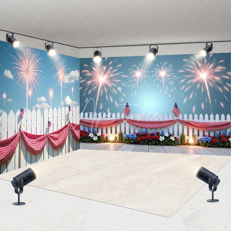 Aperturee - Aperturee Vibrant Fireworks and American Flag Picket Fence Room Set Backdrop Patriotic Celebration Photo Booth Decor