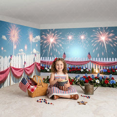 Aperturee - Aperturee Vibrant Fireworks and American Flag Picket Fence Room Set Backdrop Patriotic Celebration Photo Booth Decor