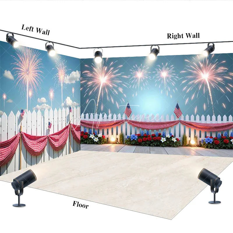 Aperturee - Aperturee Vibrant Fireworks and American Flag Picket Fence Room Set Backdrop Patriotic Celebration Photo Booth Decor