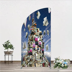 Aperturee - Aperturee Vibrant Floating Books and Blue Sky Half Moon Arch Backdrop Educational Literary Theme Party Decor