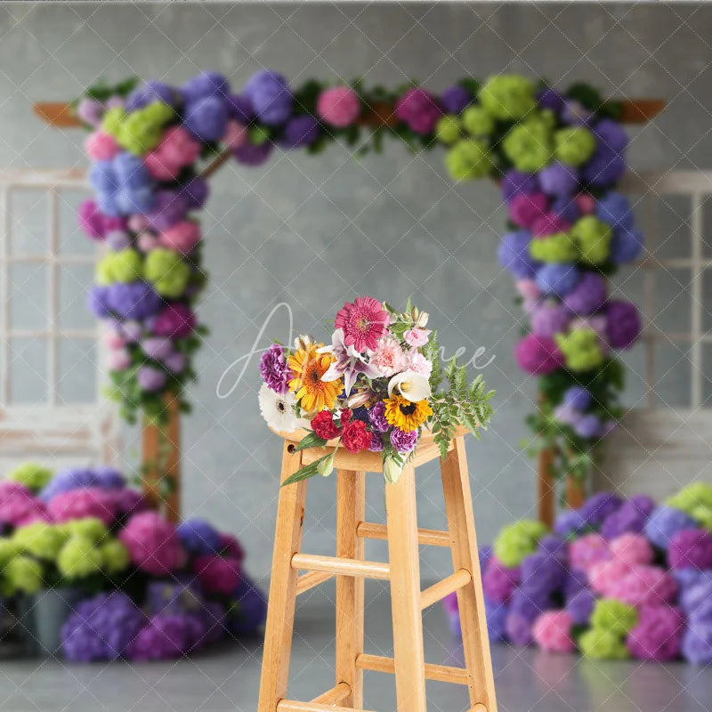 Aperturee - Aperturee Vibrant Floral Arch with Purple Pink Hydrangeas Photography Backdrop Rustic Wooden Doors for Spring Garden Party