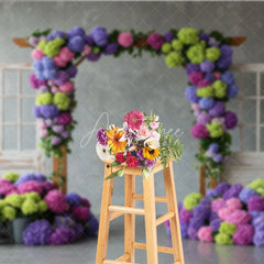 Aperturee - Aperturee Vibrant Floral Arch with Purple Pink Hydrangeas Photography Backdrop Rustic Wooden Doors for Spring Garden Party