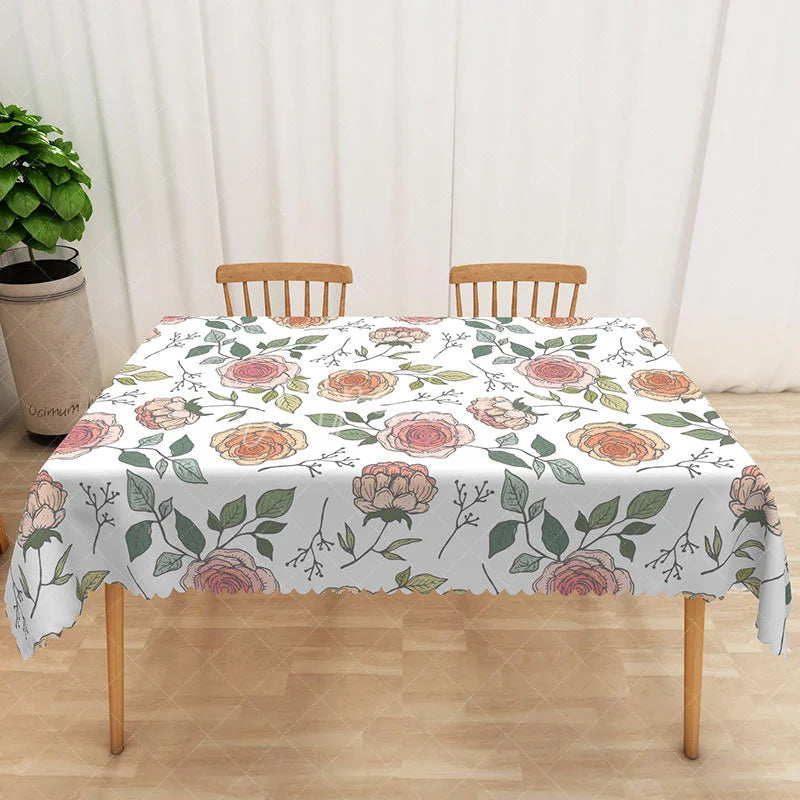 Aperturee - Aperturee Vibrant Floral Tablecloth with Colorful Flowers and Green Leaves for Summer Party and Outdoor Dining
