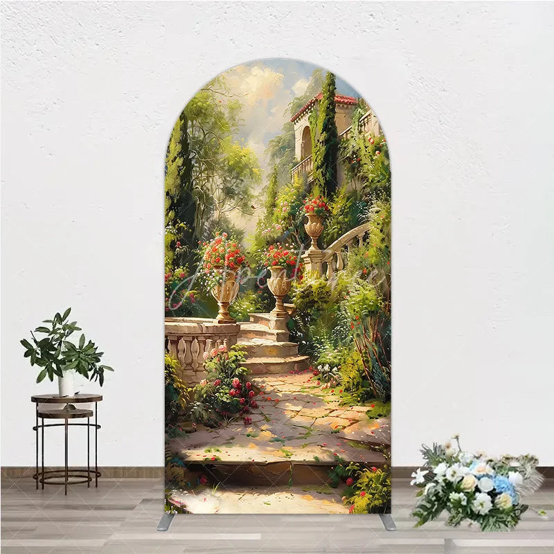 Aperturee - Aperturee Vibrant Garden Classical Architecture Round Top Arch Backdrop Stone Staircase and Floral Urns Decor