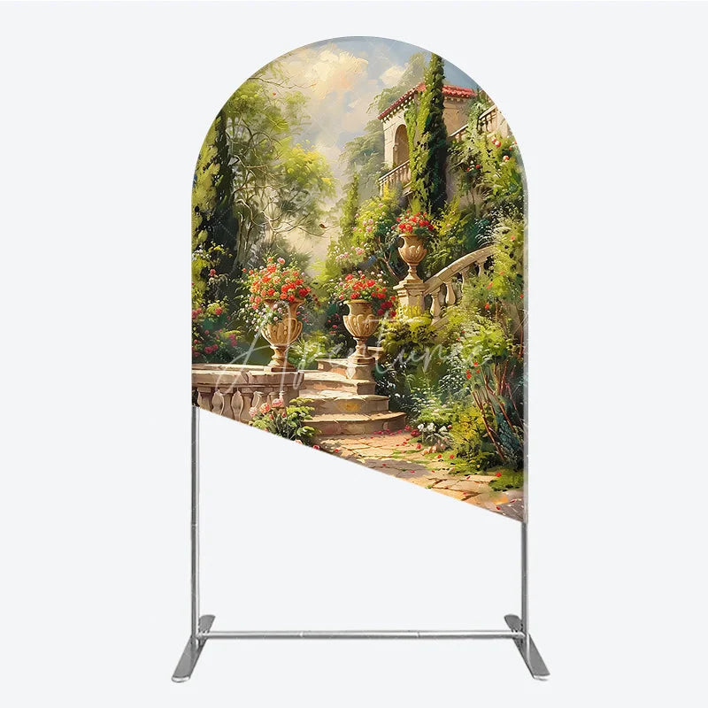 Aperturee - Aperturee Vibrant Garden Classical Architecture Round Top Arch Backdrop Stone Staircase and Floral Urns Decor