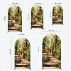Aperturee - Aperturee Vibrant Garden Classical Architecture Round Top Arch Backdrop Stone Staircase and Floral Urns Decor