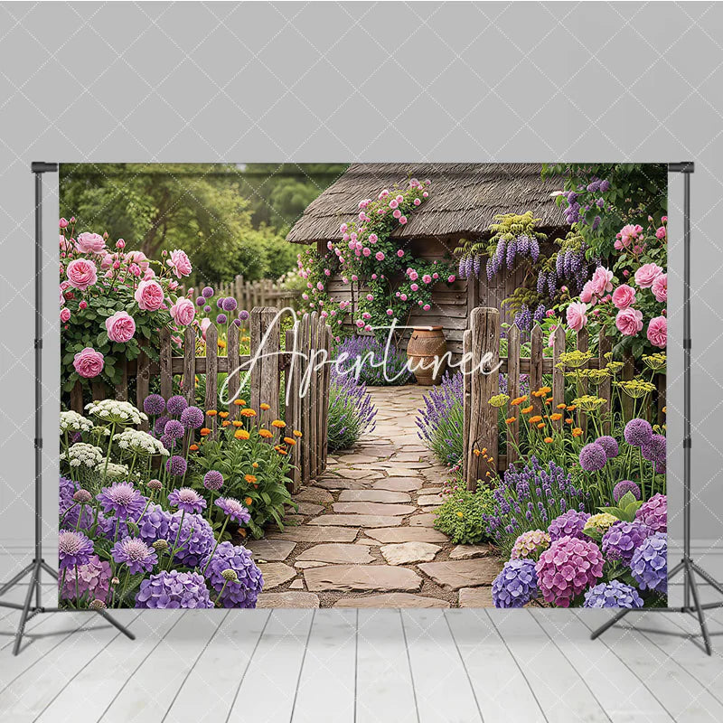 Aperturee - Aperturee Vibrant Garden Photography Backdrop with Rustic Wooden Fence Stone Path Blooming Roses and Purple Lavender