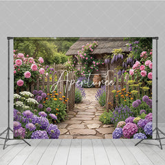 Aperturee - Aperturee Vibrant Garden Photography Backdrop with Rustic Wooden Fence Stone Path Blooming Roses and Purple Lavender