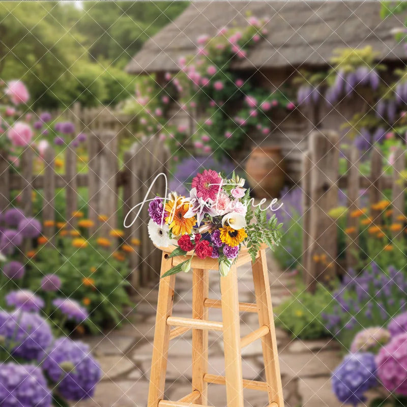 Aperturee - Aperturee Vibrant Garden Photography Backdrop with Rustic Wooden Fence Stone Path Blooming Roses and Purple Lavender