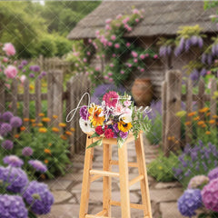 Aperturee - Aperturee Vibrant Garden Photography Backdrop with Rustic Wooden Fence Stone Path Blooming Roses and Purple Lavender