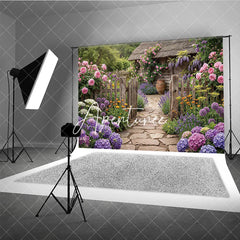 Aperturee - Aperturee Vibrant Garden Photography Backdrop with Rustic Wooden Fence Stone Path Blooming Roses and Purple Lavender