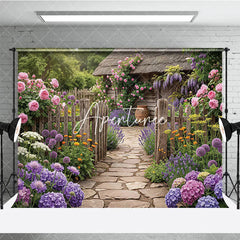 Aperturee - Aperturee Vibrant Garden Photography Backdrop with Rustic Wooden Fence Stone Path Blooming Roses and Purple Lavender