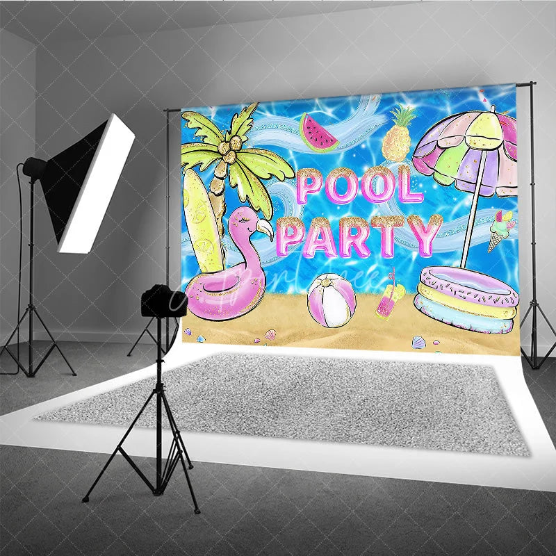 Aperturee - Aperturee Vibrant Glitter Pool Party Flamingo Palm Tree Photography Backdrop Summer Beach Celebration Decor