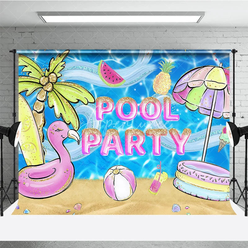 Aperturee - Aperturee Vibrant Glitter Pool Party Flamingo Palm Tree Photography Backdrop Summer Beach Celebration Decor