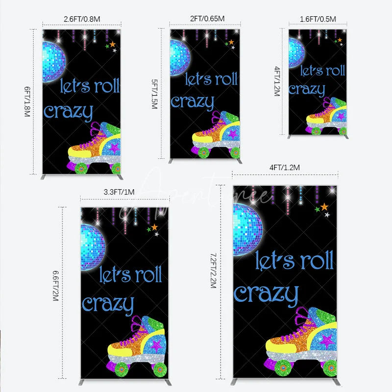 Aperturee - Aperturee Vibrant Glitter Roller Skate and Disco Ball Rectangle Arch Backdrop Let’s Roll Crazy Retro Birthday Party Decor