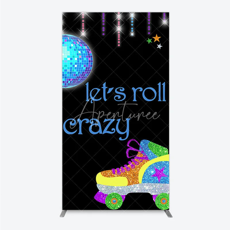 Aperturee - Aperturee Vibrant Glitter Roller Skate and Disco Ball Rectangle Arch Backdrop Let’s Roll Crazy Retro Birthday Party Decor