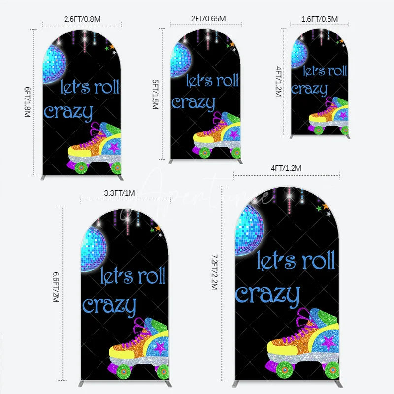 Aperturee - Aperturee Vibrant Glitter Roller Skate and Disco Ball Round Top Arch Backdrop Let’s Roll Crazy Party Decor