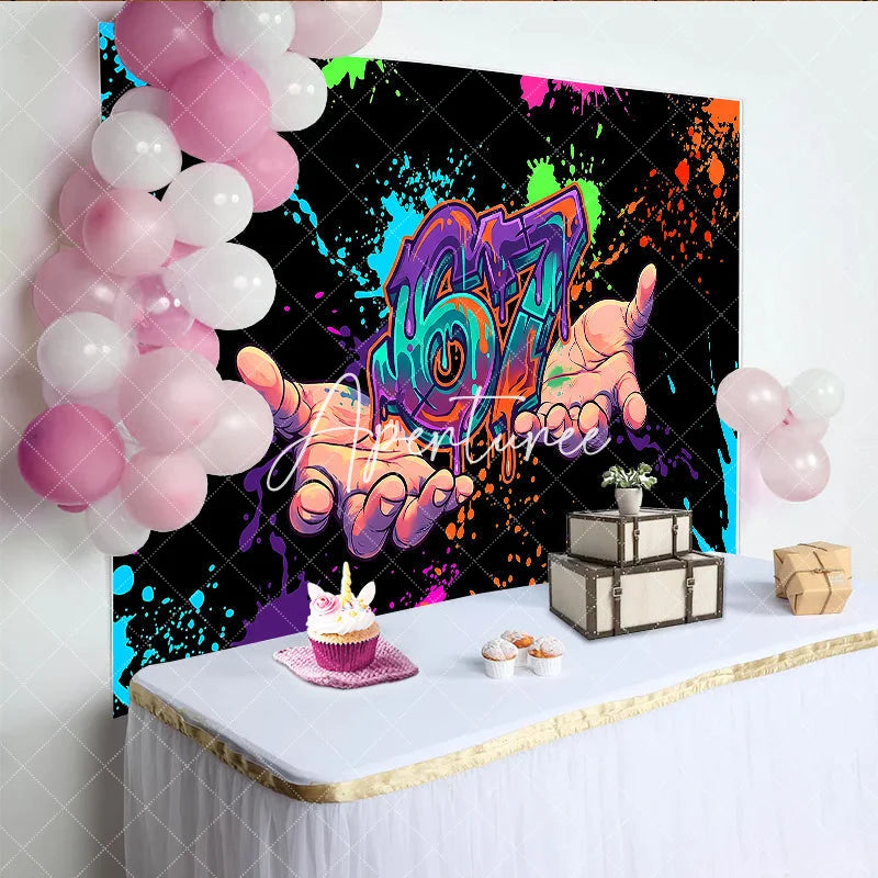 Aperturee - Aperturee Vibrant Graffiti Style Neon Paint Splatter 67th Birthday Backdrop with Hands Energetic Party Decor