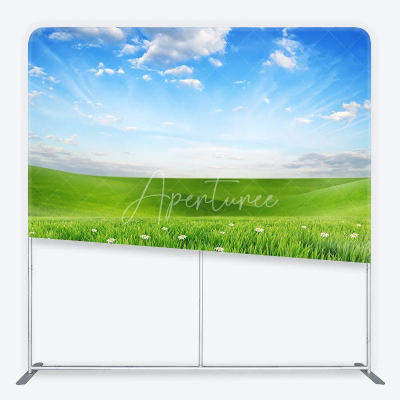 Aperturee - Aperturee Vibrant Green Meadow with White Daisies Square Double-Sided Backdrop Spring Outdoor Party Decor