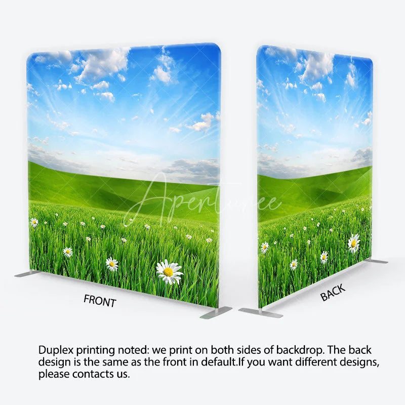 Aperturee - Aperturee Vibrant Green Meadow with White Daisies Square Double-Sided Backdrop Spring Outdoor Party Decor