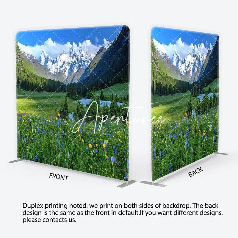 Aperturee - Aperturee Vibrant Green Meadow with Wildflowers and Snow-Capped Mountains Square Double-Sided Backdrop Scenic Nature View
