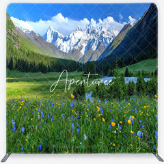 Aperturee - Aperturee Vibrant Green Meadow with Wildflowers and Snow-Capped Mountains Square Double-Sided Backdrop Scenic Nature View
