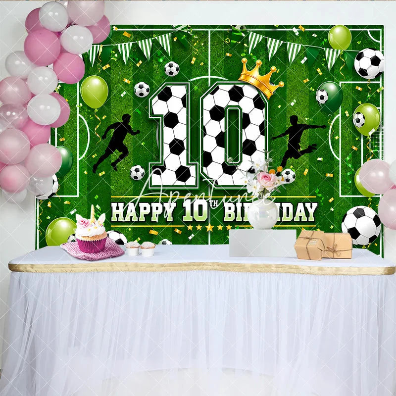 Aperturee - Aperturee Vibrant Green Soccer Field 10th Birthday Backdrop with Footballs and Balloons Golden Crown Sports Party Decor