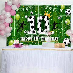 Aperturee - Aperturee Vibrant Green Soccer Field 10th Birthday Backdrop with Footballs and Balloons Golden Crown Sports Party Decor