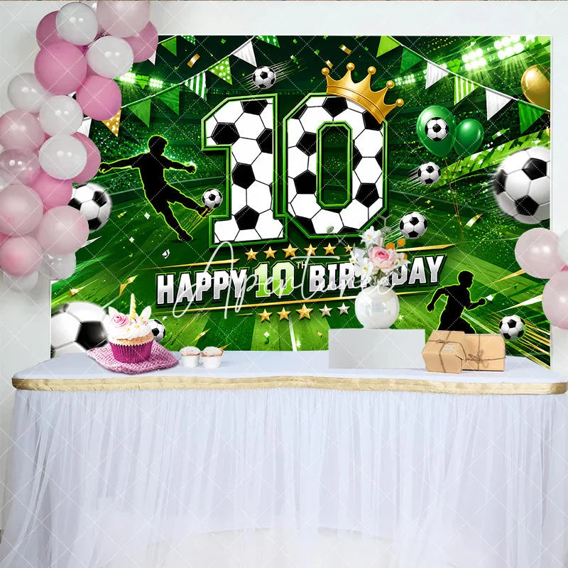 Aperturee - Aperturee Vibrant Green Soccer Field Happy 10th Birthday Backdrop with Players Balls and Golden Crown Sporty Party Decor