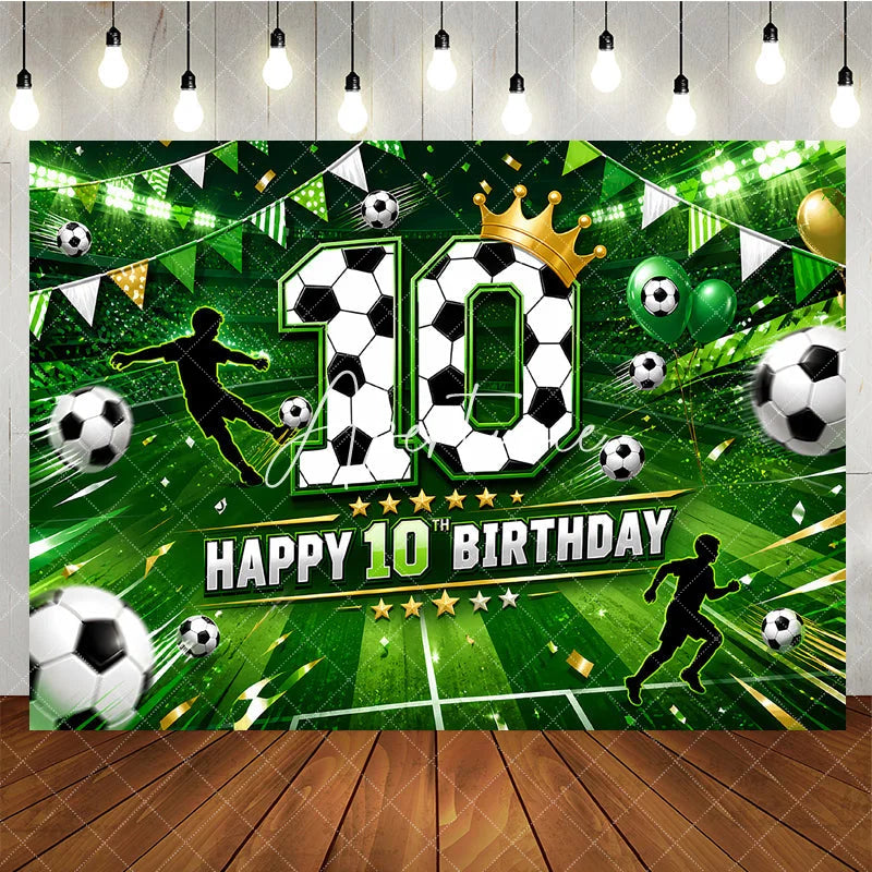 Aperturee - Aperturee Vibrant Green Soccer Field Happy 10th Birthday Backdrop with Players Balls and Golden Crown Sporty Party Decor
