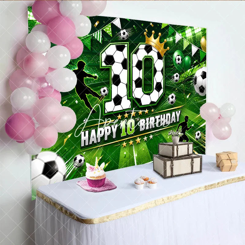 Aperturee - Aperturee Vibrant Green Soccer Field Happy 10th Birthday Backdrop with Players Balls and Golden Crown Sporty Party Decor
