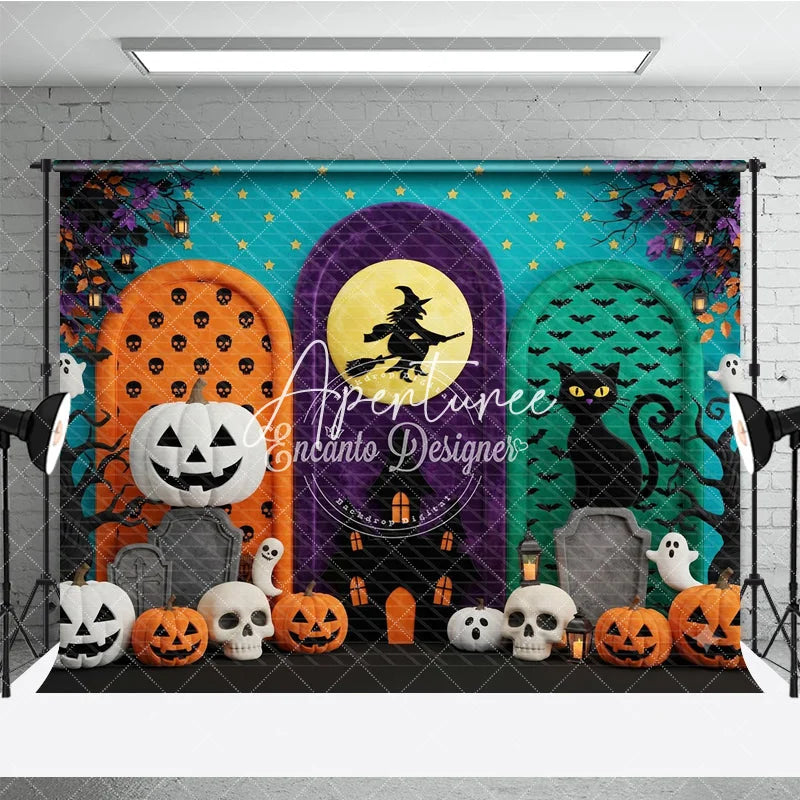 Aperturee - Aperturee Vibrant Halloween Archways Photography Backdrop Witch on Moon Black Cat Pumpkins and Ghosts Spooky Party Decor