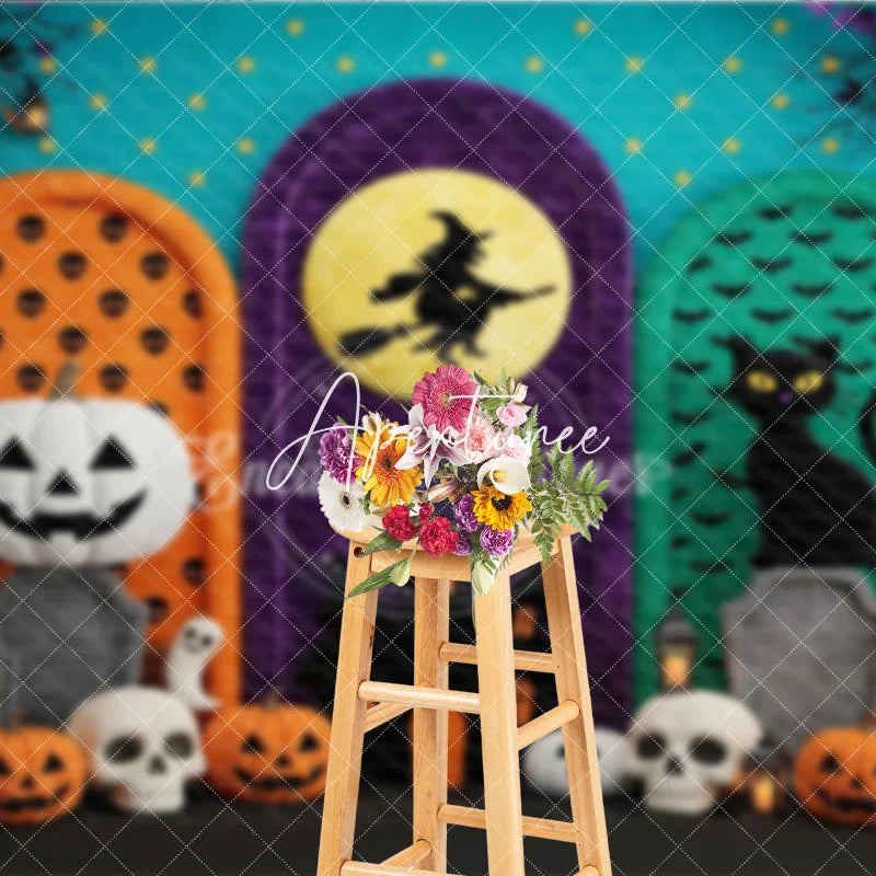 Aperturee - Aperturee Vibrant Halloween Archways Photography Backdrop Witch on Moon Black Cat Pumpkins and Ghosts Spooky Party Decor
