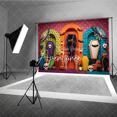 Aperturee - Aperturee Vibrant Halloween Coffin Skulls and Pumpkins Photography Backdrop Spooky Bats Spiderwebs and Skeleton Hands Decor