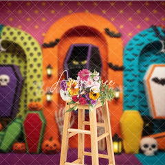 Aperturee - Aperturee Vibrant Halloween Coffin Skulls and Pumpkins Photography Backdrop Spooky Bats Spiderwebs and Skeleton Hands Decor