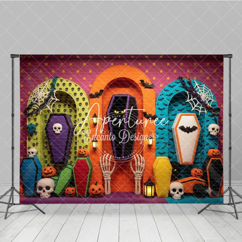 Aperturee - Aperturee Vibrant Halloween Coffin Skulls and Pumpkins Photography Backdrop Spooky Bats Spiderwebs and Skeleton Hands Decor