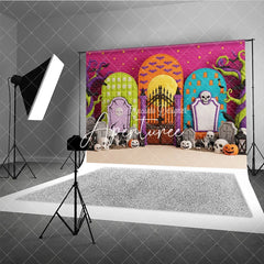 Aperturee - Aperturee Vibrant Halloween Graveyard Photography Backdrop featuring Skulls Jack-o-Lanterns and Twisted Trees for Spooky Party
