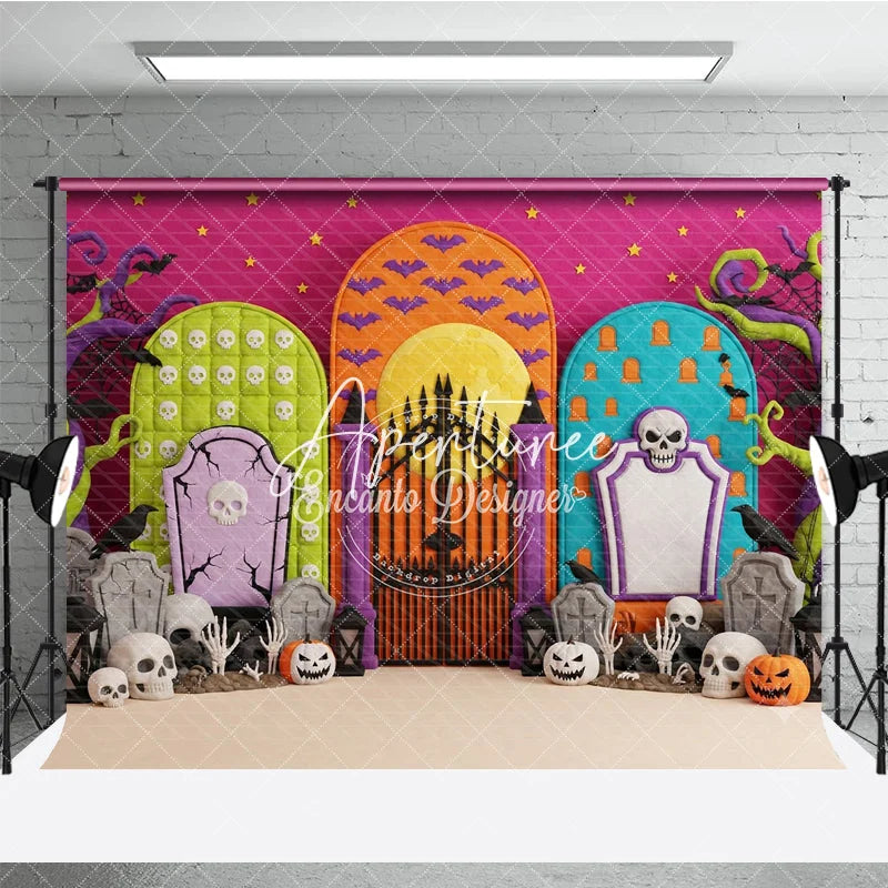 Aperturee - Aperturee Vibrant Halloween Graveyard Photography Backdrop featuring Skulls Jack-o-Lanterns and Twisted Trees for Spooky Party
