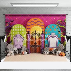 Aperturee - Aperturee Vibrant Halloween Graveyard Photography Backdrop featuring Skulls Jack-o-Lanterns and Twisted Trees for Spooky Party