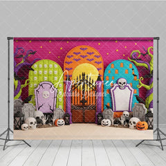 Aperturee - Aperturee Vibrant Halloween Graveyard Photography Backdrop featuring Skulls Jack-o-Lanterns and Twisted Trees for Spooky Party