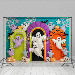 Aperturee - Aperturee Vibrant Halloween Photography Backdrop with Playful Ghosts Glowing Pumpkins Bats and Spiderwebs for Party Decor
