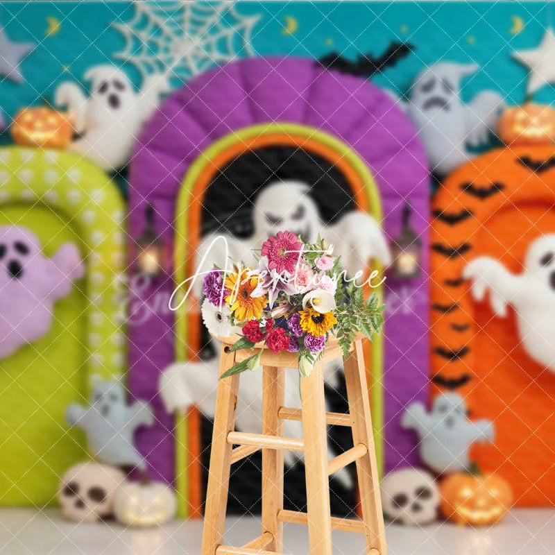 Aperturee - Aperturee Vibrant Halloween Photography Backdrop with Playful Ghosts Glowing Pumpkins Bats and Spiderwebs for Party Decor