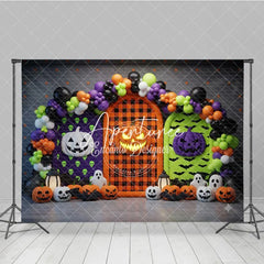 Aperturee - Aperturee Vibrant Halloween Photography Backdrop with Pumpkins Ghosts and Balloon Arch for Spooky Celebrations