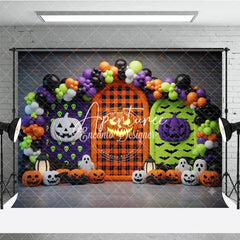 Aperturee - Aperturee Vibrant Halloween Photography Backdrop with Pumpkins Ghosts and Balloon Arch for Spooky Celebrations