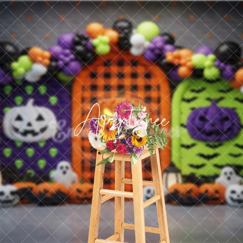 Aperturee - Aperturee Vibrant Halloween Photography Backdrop with Pumpkins Ghosts and Balloon Arch for Spooky Celebrations