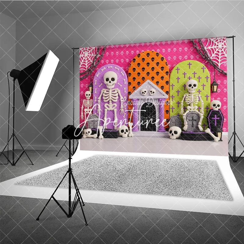 Aperturee - Aperturee Vibrant Halloween Skeletons and Skulls Photography Backdrop Spooky Party Celebration Decor with Bones and Coffins