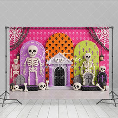 Aperturee - Aperturee Vibrant Halloween Skeletons and Skulls Photography Backdrop Spooky Party Celebration Decor with Bones and Coffins