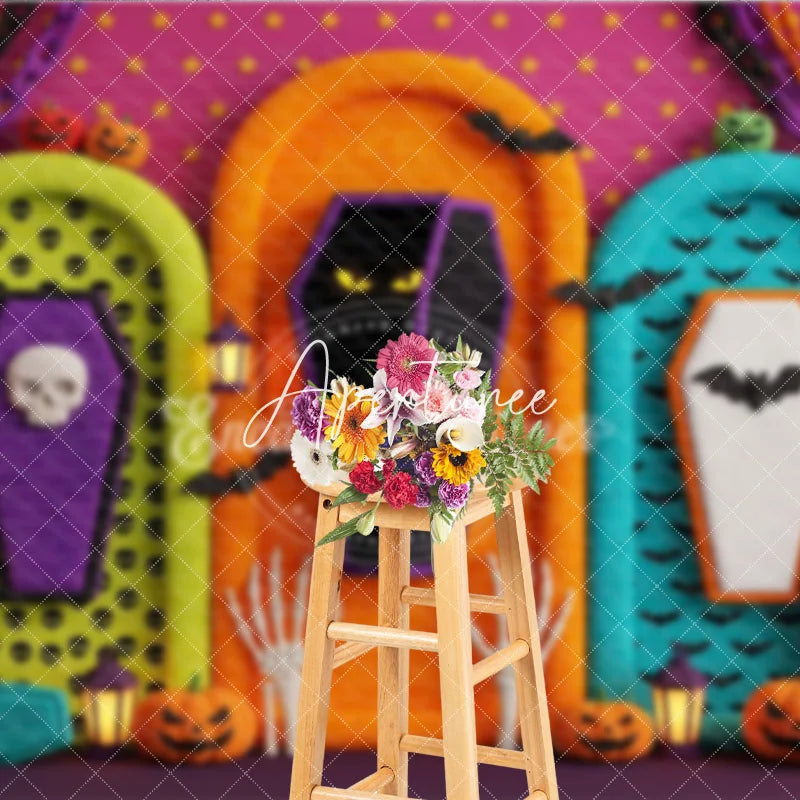 Aperturee - Aperturee Vibrant Halloween Spooky Coffin and Pumpkin Photography Backdrop with Bats and Skulls Festive Party Decor